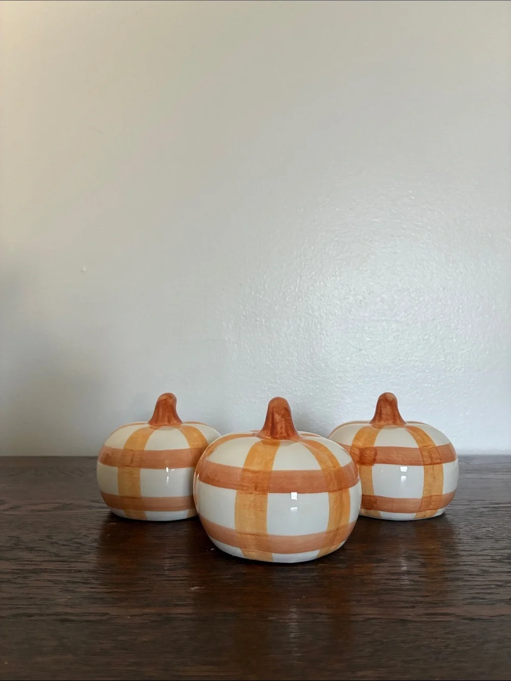 NWT- Decorative Ceramic Pumpkin Trio - White and Orange Plaid Stripe
